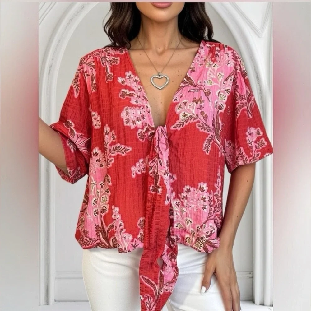 Free People Jilly Tie Front V-neck Floral Boho Top